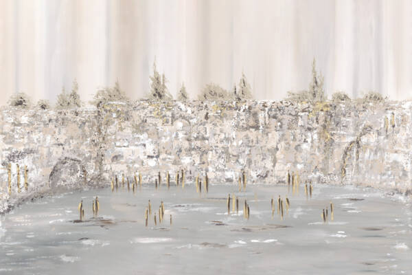 Painting of the Kotel (Western Wall) in Jerusalem with soft colors and gold accents, capturing a modern spiritual essence.