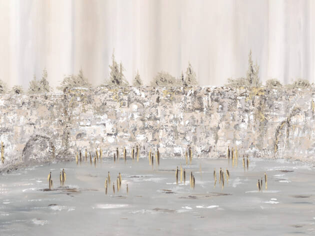 Painting of the Kotel (Western Wall) in Jerusalem with soft colors and gold accents, capturing a modern spiritual essence.