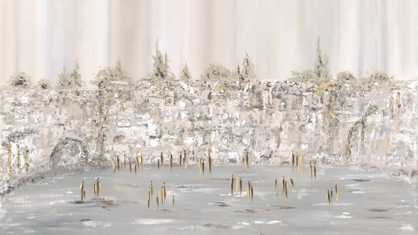 Painting of the Kotel (Western Wall) in Jerusalem with soft colors and gold accents, capturing a modern spiritual essence.