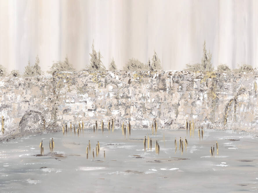 Painting of the Kotel (Western Wall) in Jerusalem with soft colors and gold accents, capturing a modern spiritual essence.