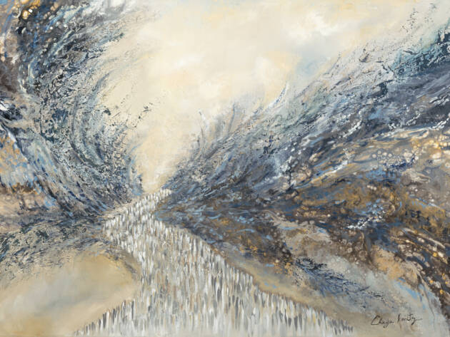 Dynamic painting of the parting of the Red Sea with swirling waters and Israelites rushing toward freedom.