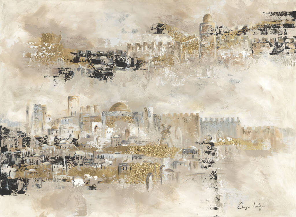 Mystical painting of Jerusalem with layered structures and gold accents, creating depth and a dreamlike atmosphere.