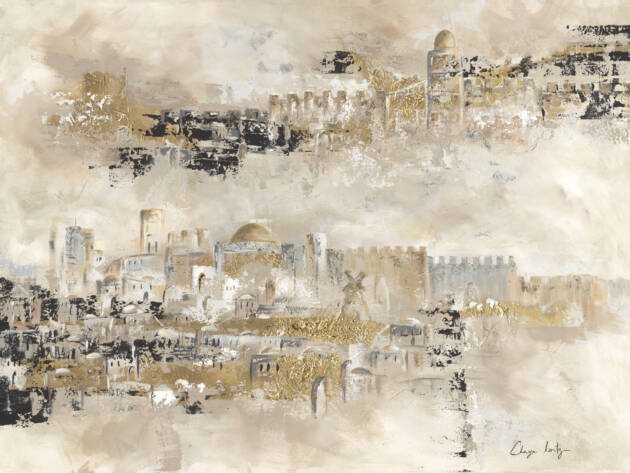 Mystical painting of Jerusalem with layered structures and gold accents, creating depth and a dreamlike atmosphere.