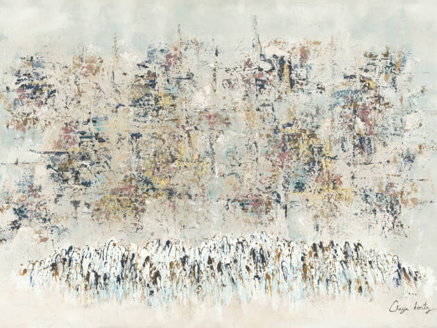 Painting of a group gathered at the Kotel with soft, pale hues and warm, filtered light symbolizing spiritual connection.