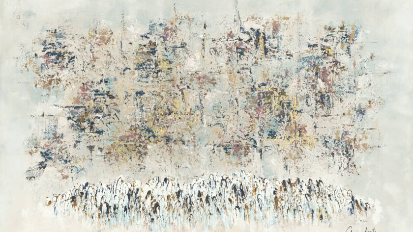 Painting of a group gathered at the Kotel with soft, pale hues and warm, filtered light symbolizing spiritual connection.