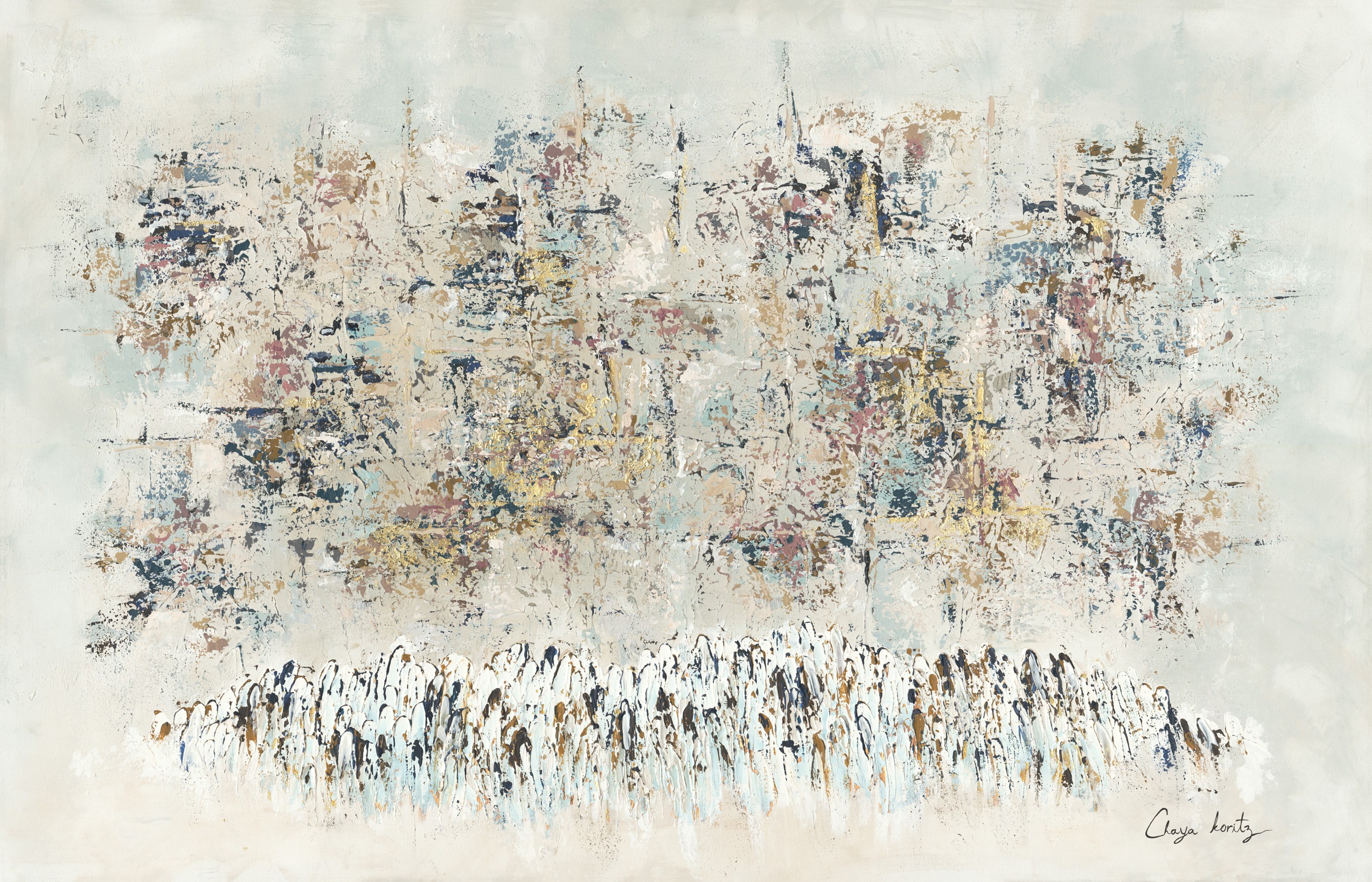Painting of a group gathered at the Kotel with soft, pale hues and warm, filtered light symbolizing spiritual connection.