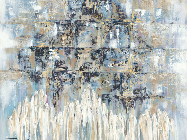 Painting of Hasidic men wrapped in tallit praying at the Kotel, featuring deep blues and glowing gold accents.