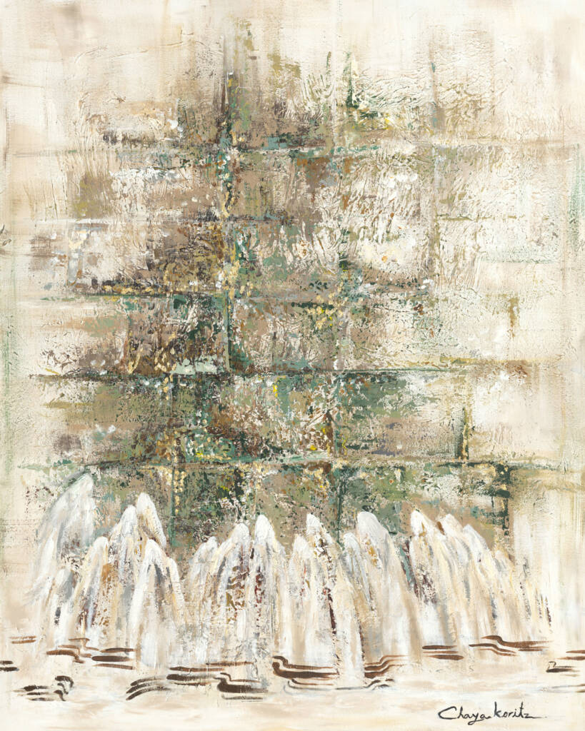 Painting of Hasidic men wrapped in tallit at the Kotel, blending traditional prayer with a modern, stylish aesthetic.