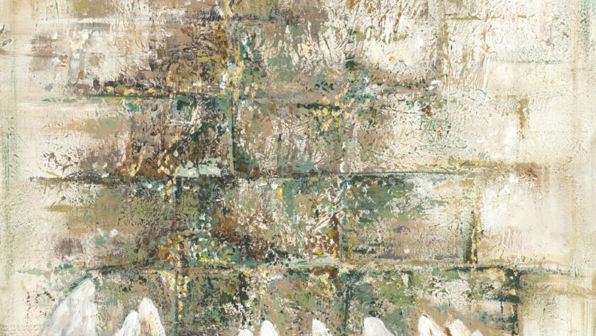 Painting of Hasidic men wrapped in tallit at the Kotel, blending traditional prayer with a modern, stylish aesthetic.