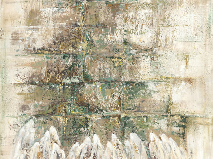 Painting of Hasidic men wrapped in tallit at the Kotel, blending traditional prayer with a modern, stylish aesthetic.