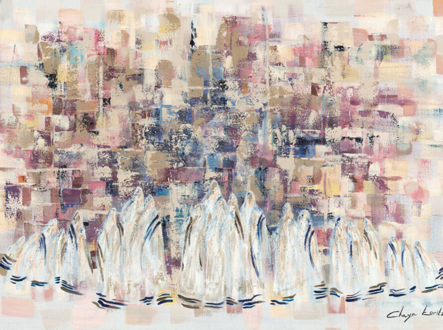 Painting of a group of Chassidim in deep prayer at the Kotel, blending traditional reverence with modern, vibrant colors and composition.