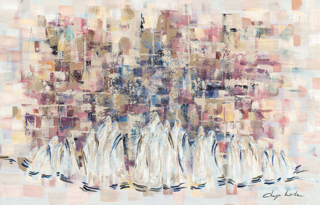 Painting of a group of Chassidim in deep prayer at the Kotel, blending traditional reverence with modern, vibrant colors and composition.