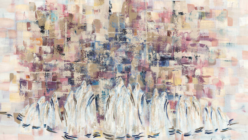 Painting of a group of Chassidim in deep prayer at the Kotel, blending traditional reverence with modern, vibrant colors and composition.