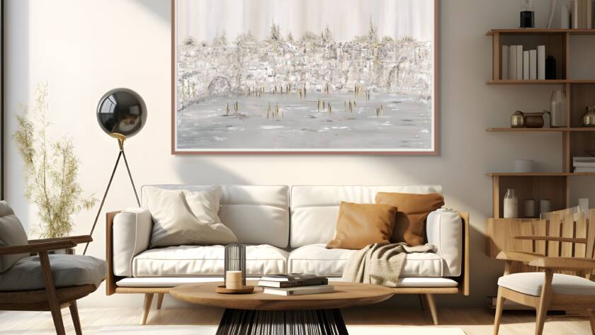 Mockup of "Sacred Stones, Modern Soul" painting hanging on a white wall in a modern living room with minimalist decor.
