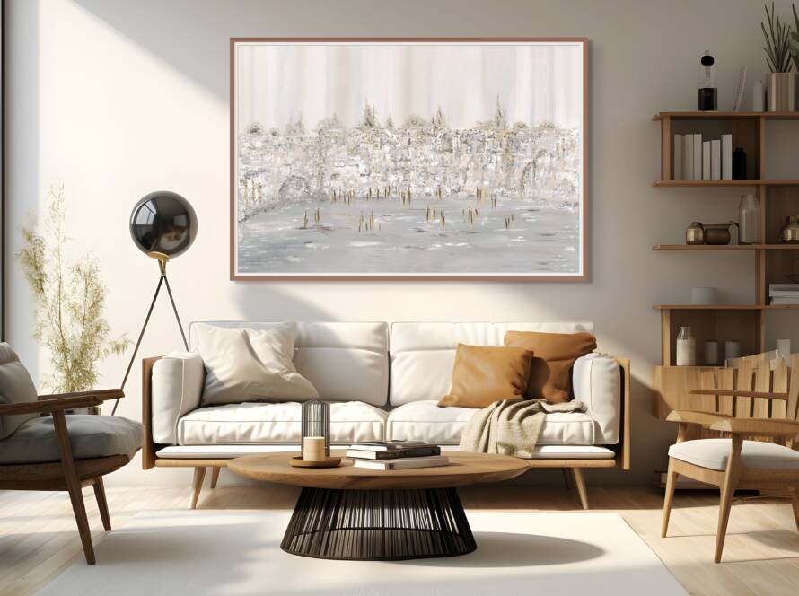 Mockup of "Sacred Stones, Modern Soul" painting hanging on a white wall in a modern living room with minimalist decor.