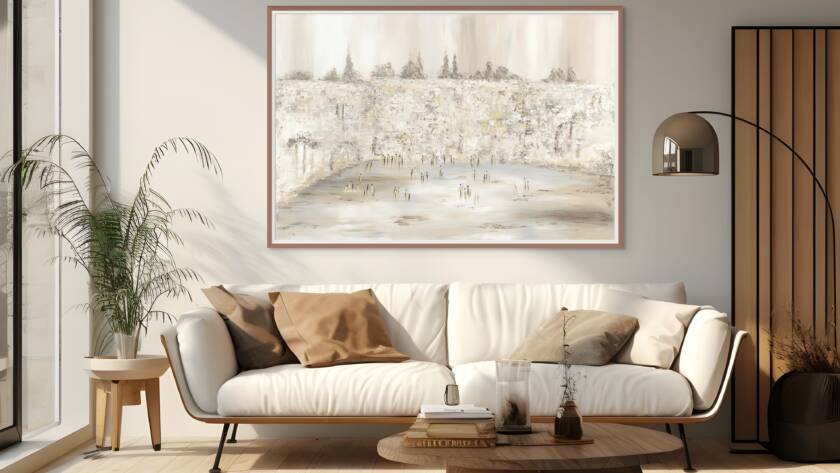 Mockup of "Golden Moments at the Wall" vibrant painting hanging on a white wall in a modern living room with minimalist furniture.