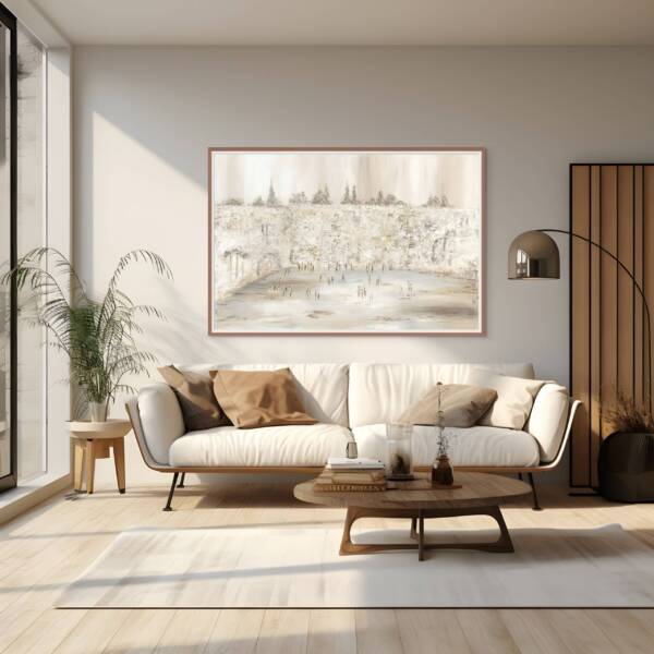 Mockup of "Golden Moments at the Wall" vibrant painting hanging on a white wall in a modern living room with minimalist furniture.