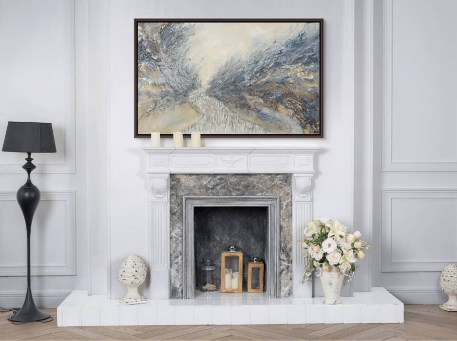 Mockup of "Freedom Awaits the Jewish People" painting hung above a fireplace in a modern living room with minimalist decor.