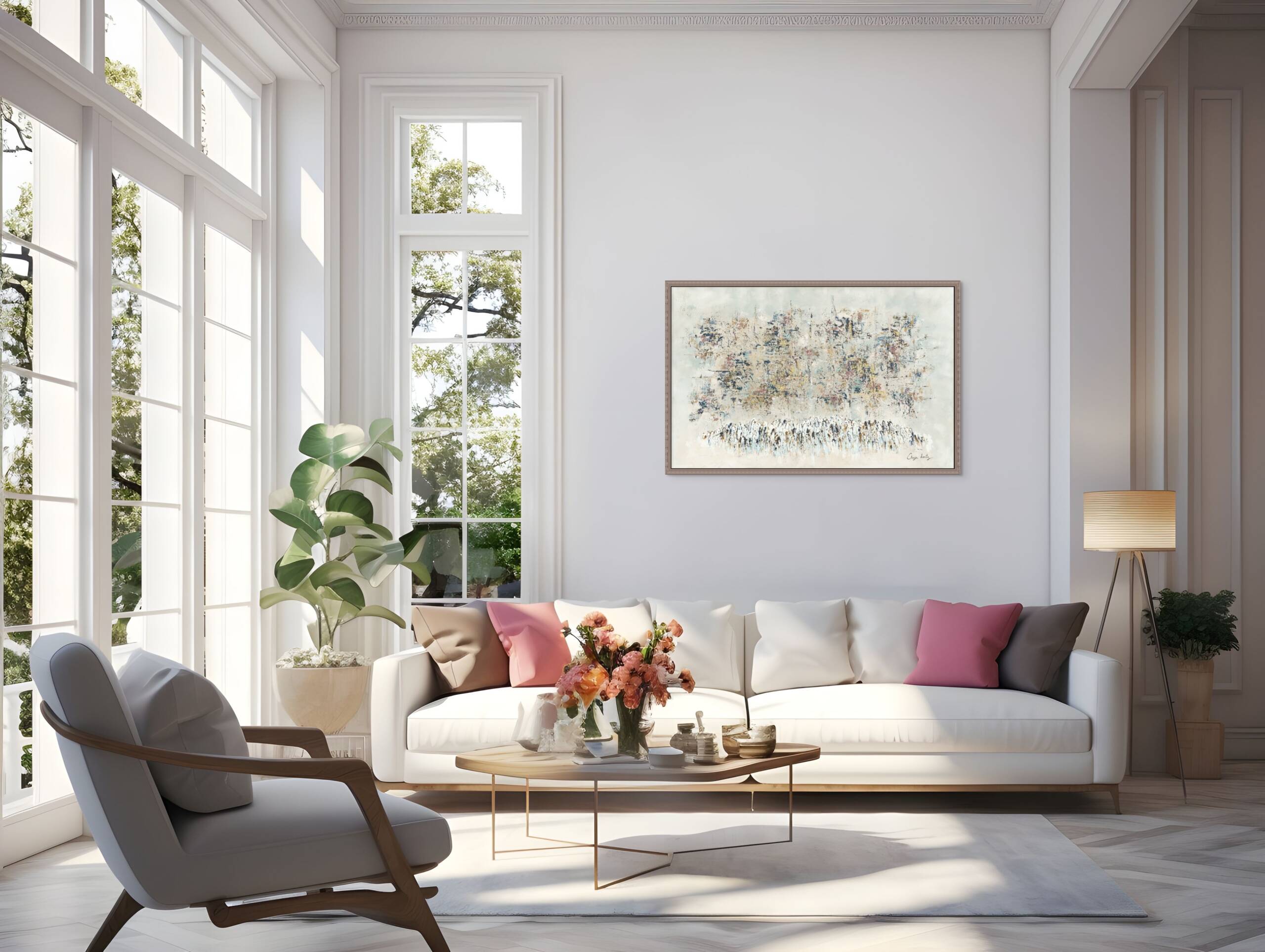 Mockup of "Where Souls Meet: A Gathering at the Kotel" painting hung above a white sofa beside an open window in a bright modern living room.