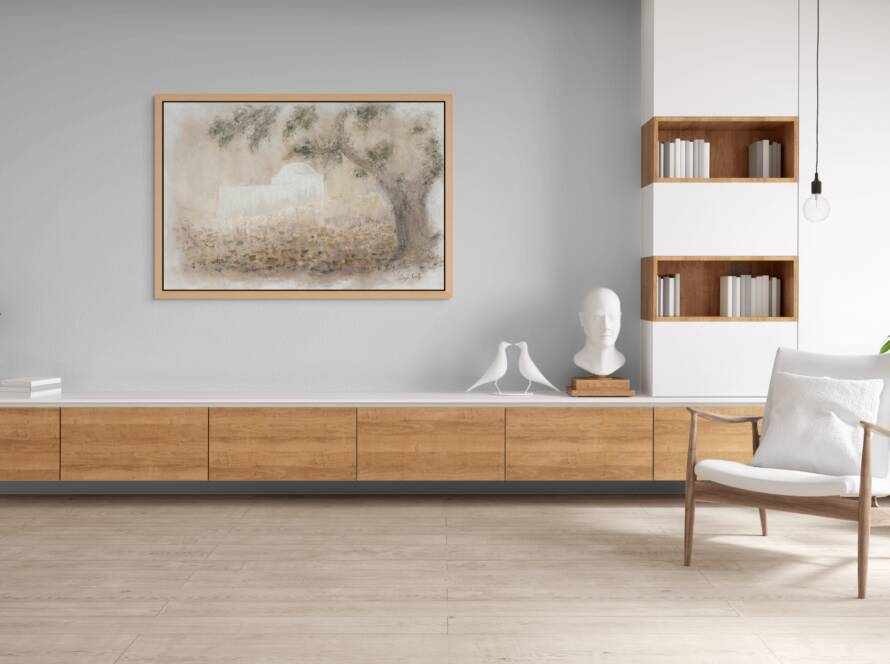 Mockup of "Kever Rachel: Where Prayers Rise" jewish painting hung above a sleek storage cabinet in a modern living room.