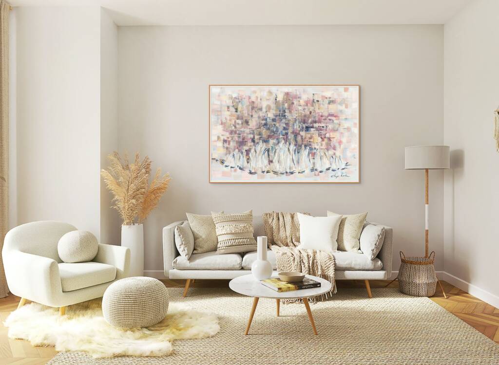 Mockup of "Past and Present in Perfect Harmony" painting hung above a modern white sofa next to a large window in a bright, minimalist living room.
