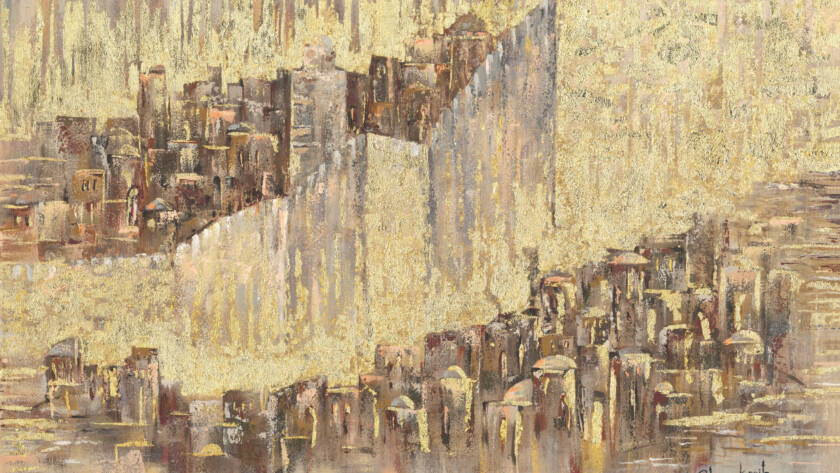 Painting of Jerusalem with gold leaf highlighting ancient walls and sacred light.