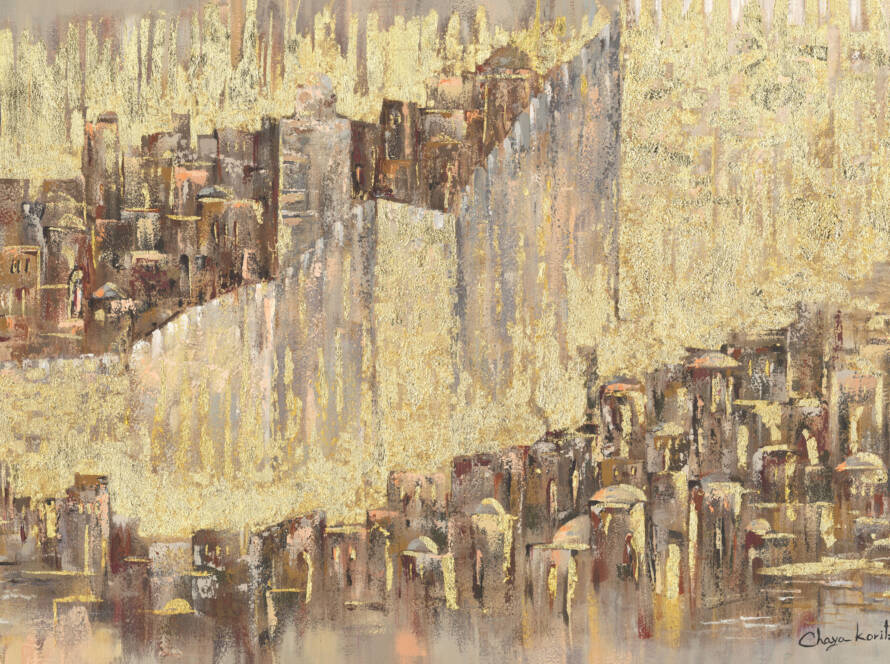 Painting of Jerusalem with gold leaf highlighting ancient walls and sacred light.