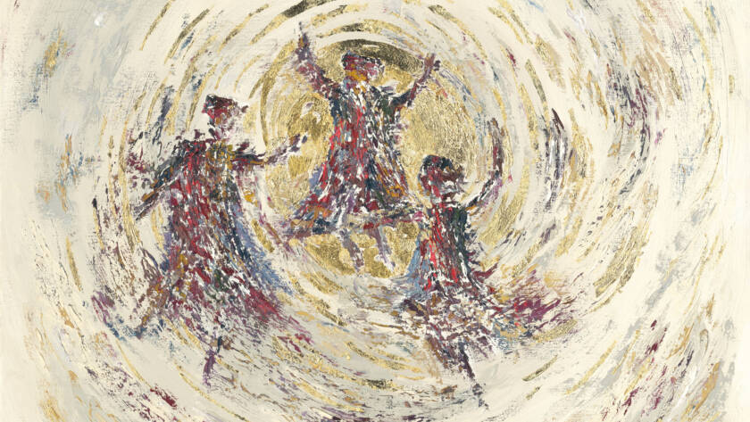 Framed painting of three Hasidic men dancing in a gold circle, displayed in a modern room with minimalist décor.