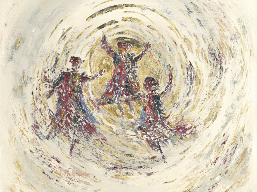 Framed painting of three Hasidic men dancing in a gold circle, displayed in a modern room with minimalist décor.