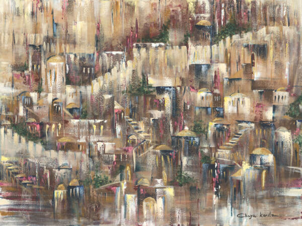 Painting of Jerusalem with an earthy palette and densely arranged buildings representing memory, faith, and spiritual depth.