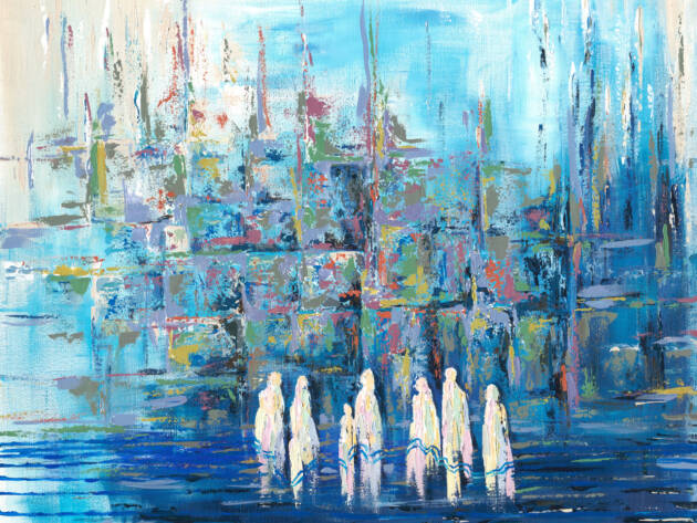 Painting of Jewish worshippers in calming blue hues at the Western Wall, symbolizing collective prayer and spiritual unity.