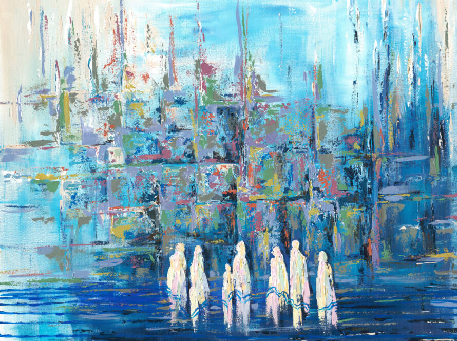 Painting of Jewish worshippers in calming blue hues at the Western Wall, symbolizing collective prayer and spiritual unity.