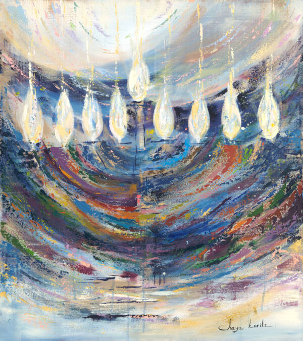 Painting of a menorah with dynamic brushstrokes in soft neutrals, deep blues, and reds, symbolizing hope and resilience.