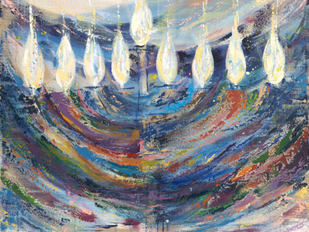 Painting of a menorah with dynamic brushstrokes in soft neutrals, deep blues, and reds, symbolizing hope and resilience.