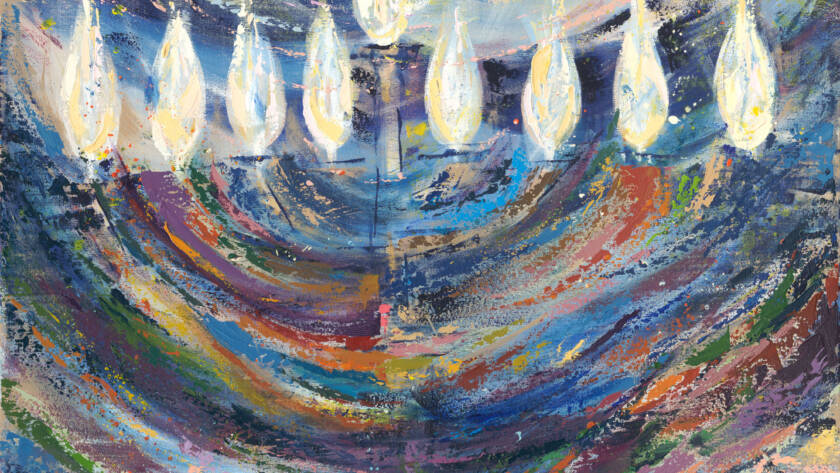 Painting of a menorah with dynamic brushstrokes in soft neutrals, deep blues, and reds, symbolizing hope and resilience.
