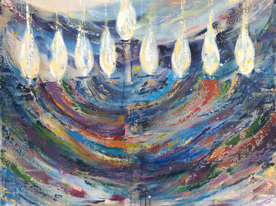 Painting of a menorah with dynamic brushstrokes in soft neutrals, deep blues, and reds, symbolizing hope and resilience.