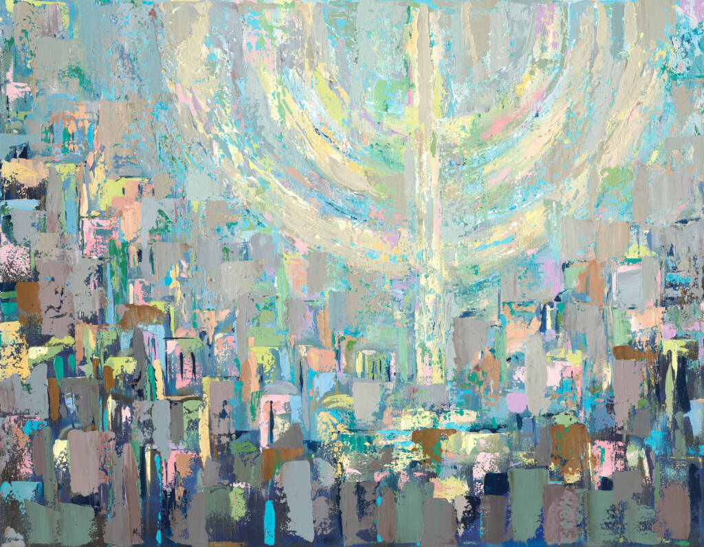 Painting of Jerusalem beneath a softly glowing floating menorah in pastel colors, displayed in a modern living room above a sofa.
