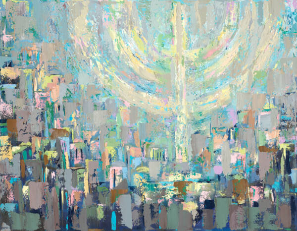Painting of Jerusalem beneath a softly glowing floating menorah in pastel colors, displayed in a modern living room above a sofa.