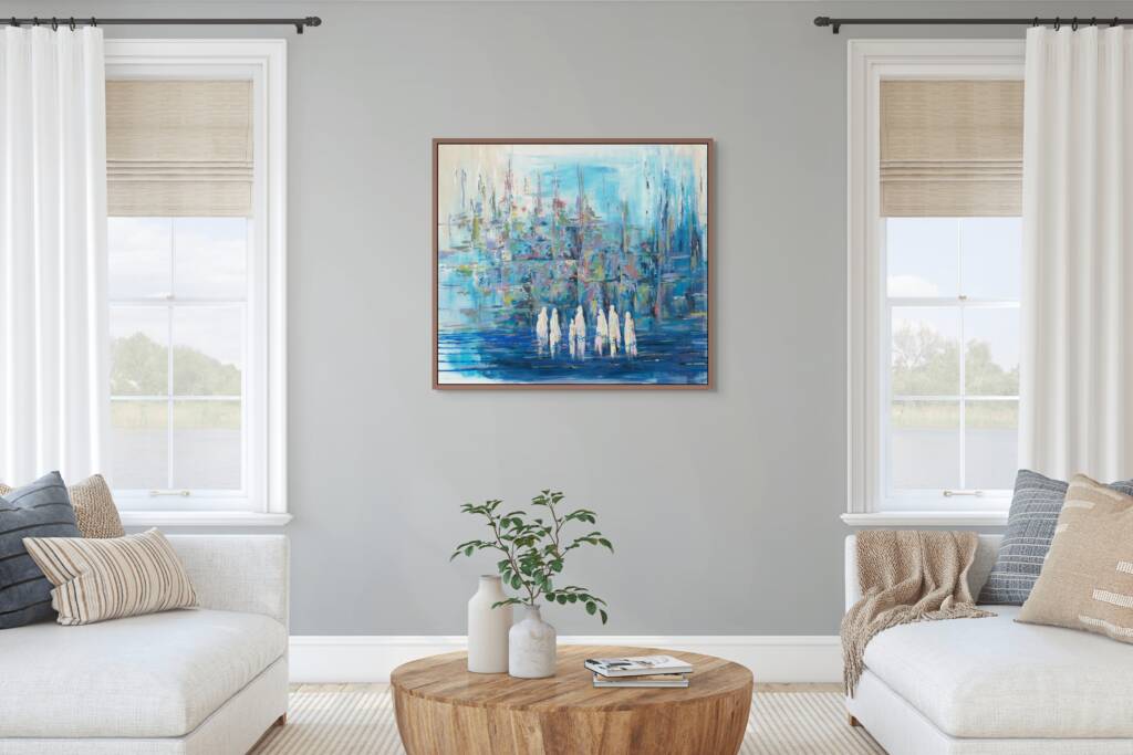 Painting of Jewish people praying at the Western Wall in calming blue tones, symbolizing unity and peace.