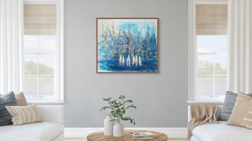 Painting of Jewish people praying at the Western Wall in calming blue tones, symbolizing unity and peace.