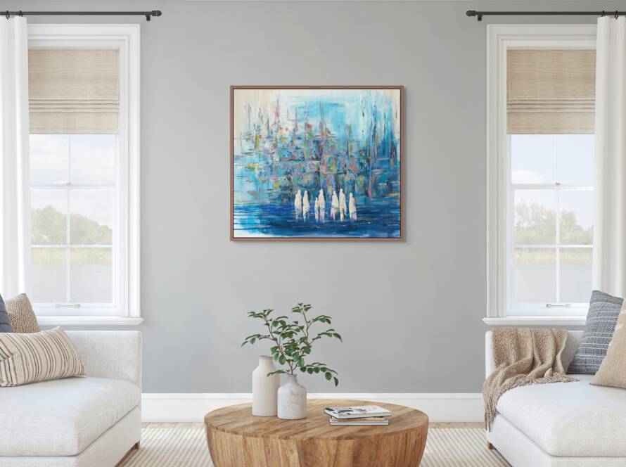 Painting of Jewish people praying at the Western Wall in calming blue tones, symbolizing unity and peace.