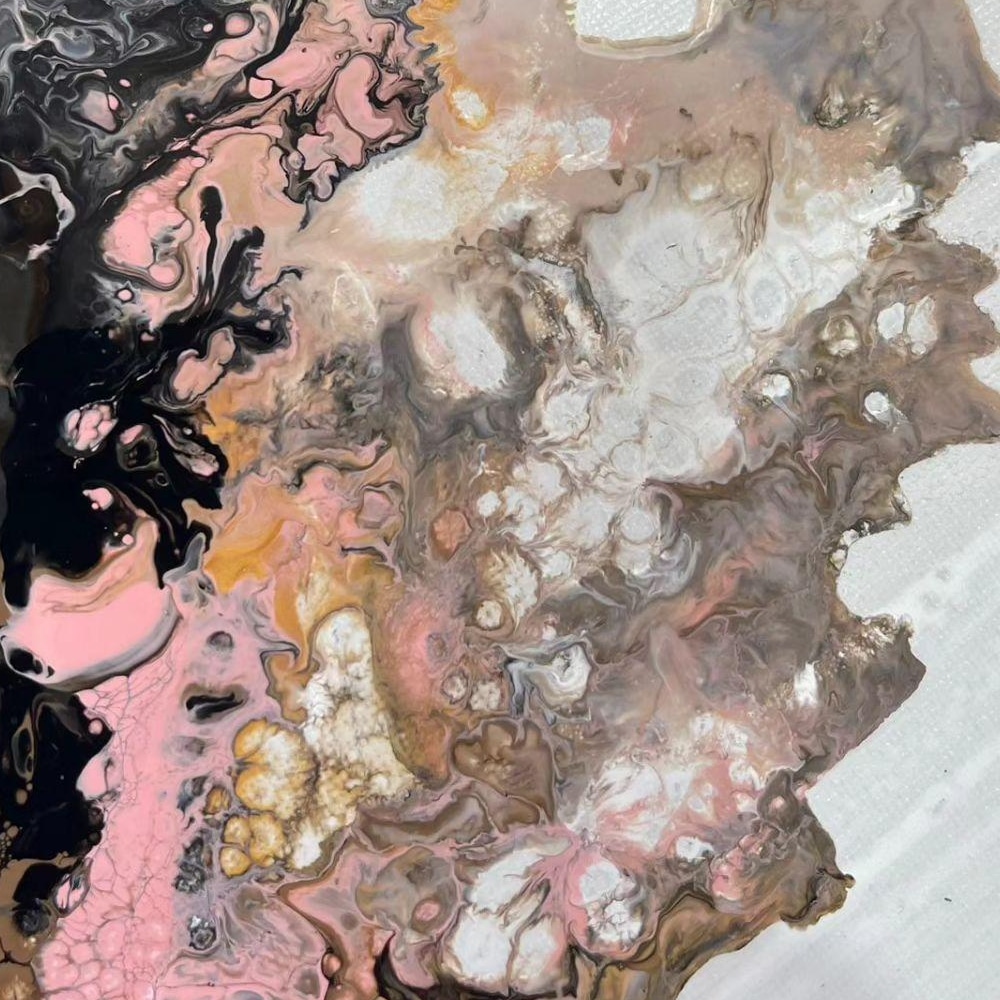 abstract painting in pink, black, and gold