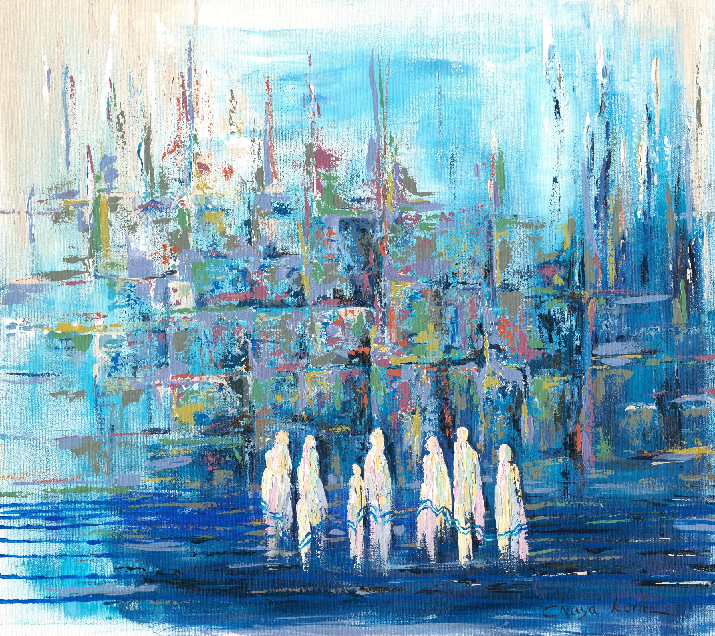 Painting of figures in prayer shawls standing before a blue abstract Western Wall, by Chaya Koritz