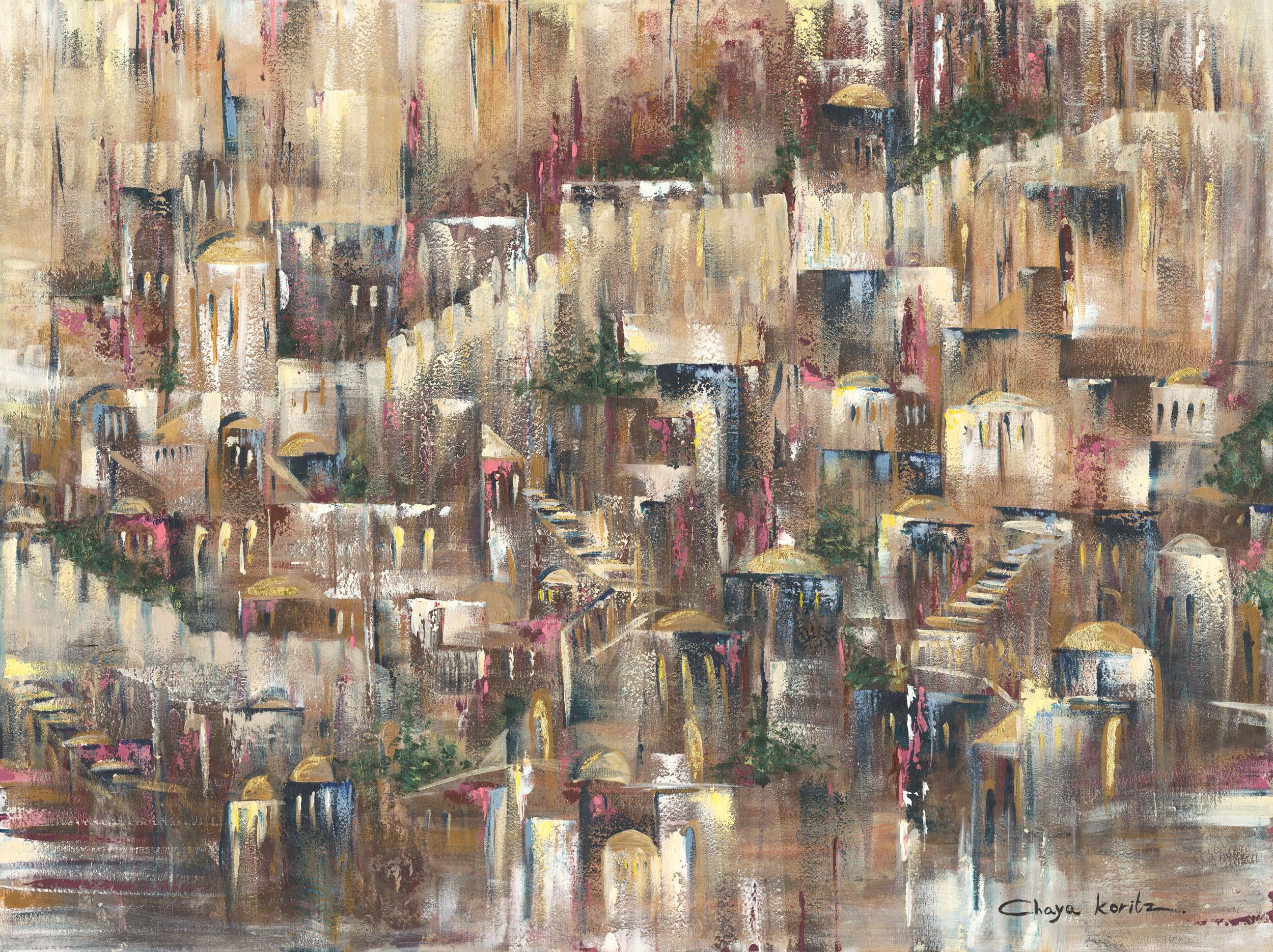 Painting of the Jerusalem hillside with domes, arches and stairways in warm ochre and rose, by Chaya Koritz