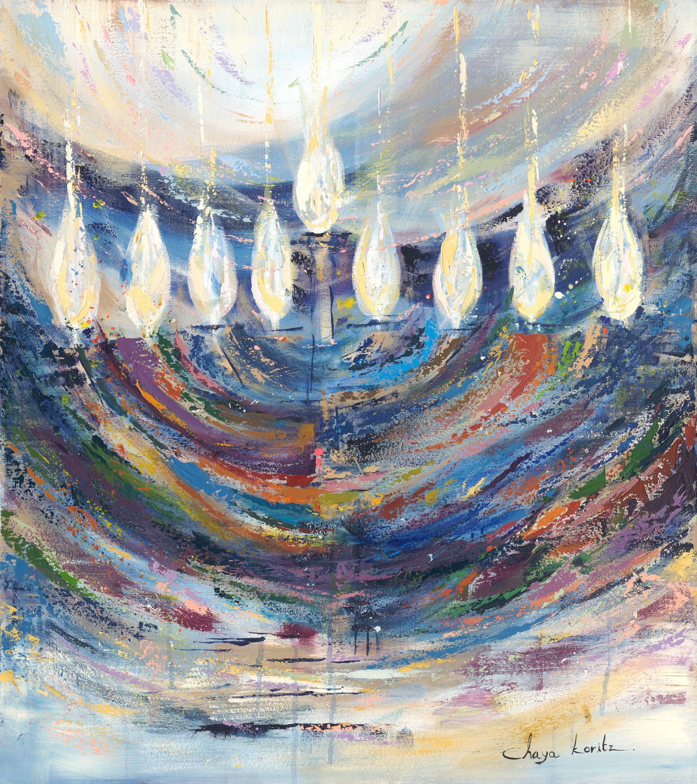 Abstract painting of nine glowing candle flames above sweeping bands of colour, by Chaya Koritz