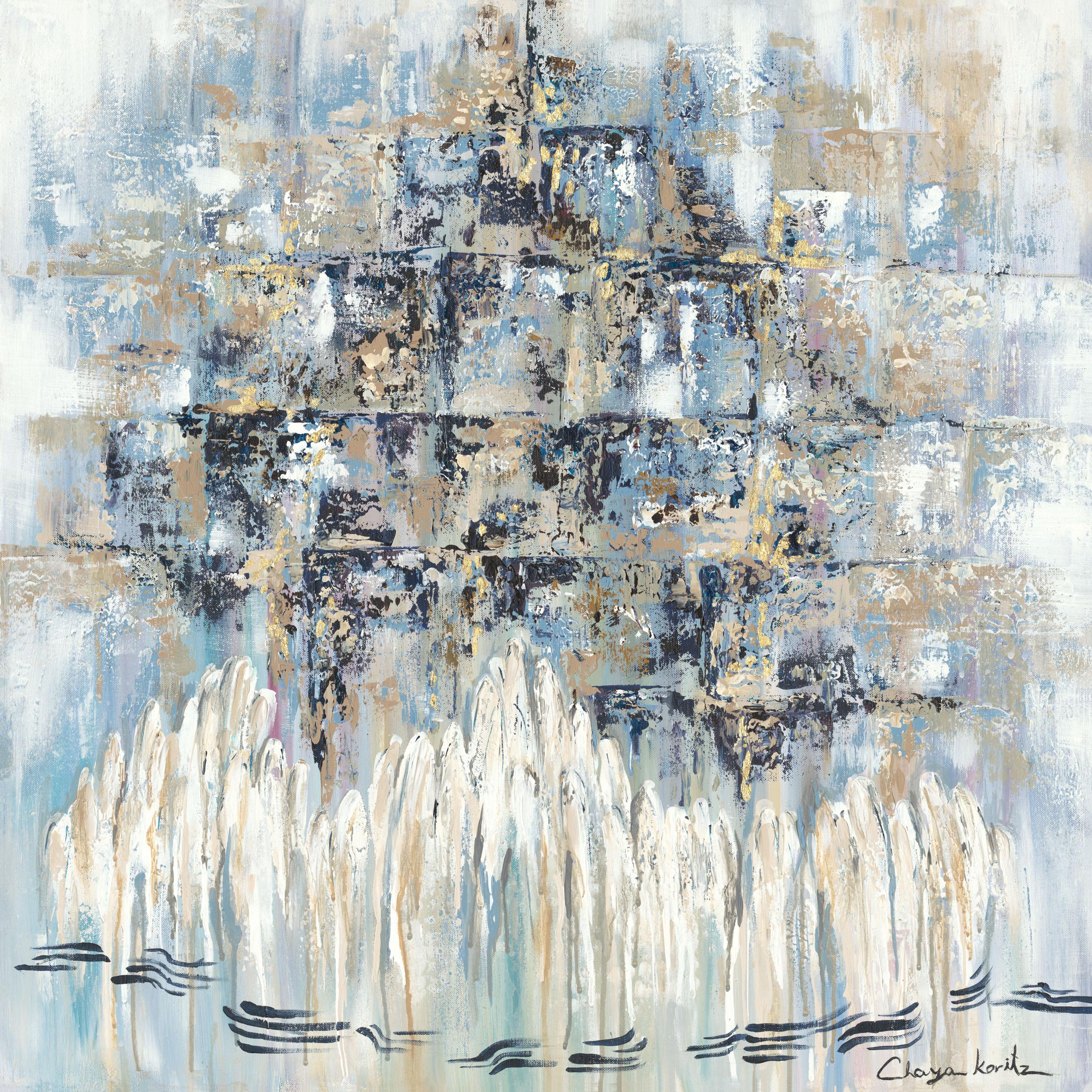 Abstract painting of white-robed figures in prayer before a blue and gold textured wall, by Chaya Koritz