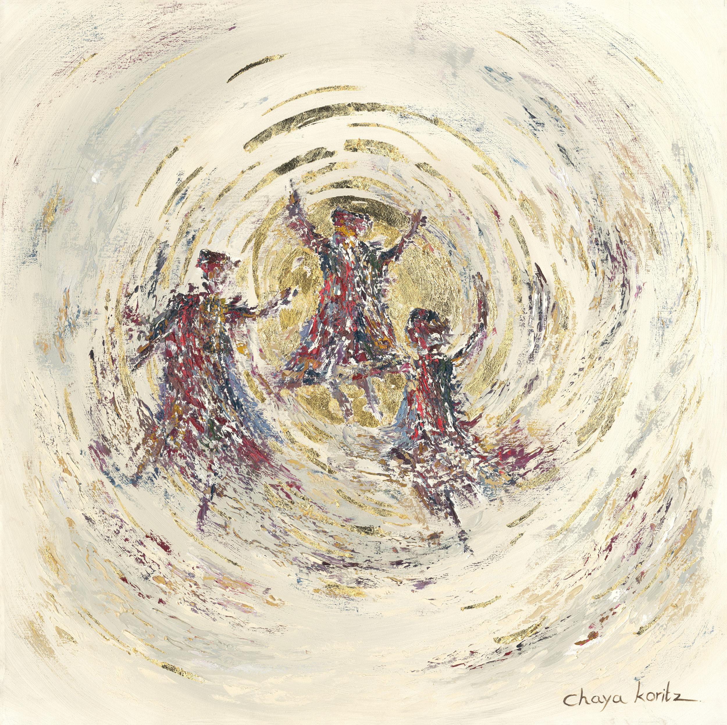 Painting of three figures dancing within a swirl of gold and cream brushwork, by Chaya Koritz