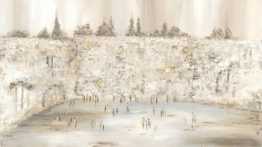 Painting of the Western Wall in Jerusalem with figures gathered at the plaza, in neutral cream and gold tones, by Chaya Koritz