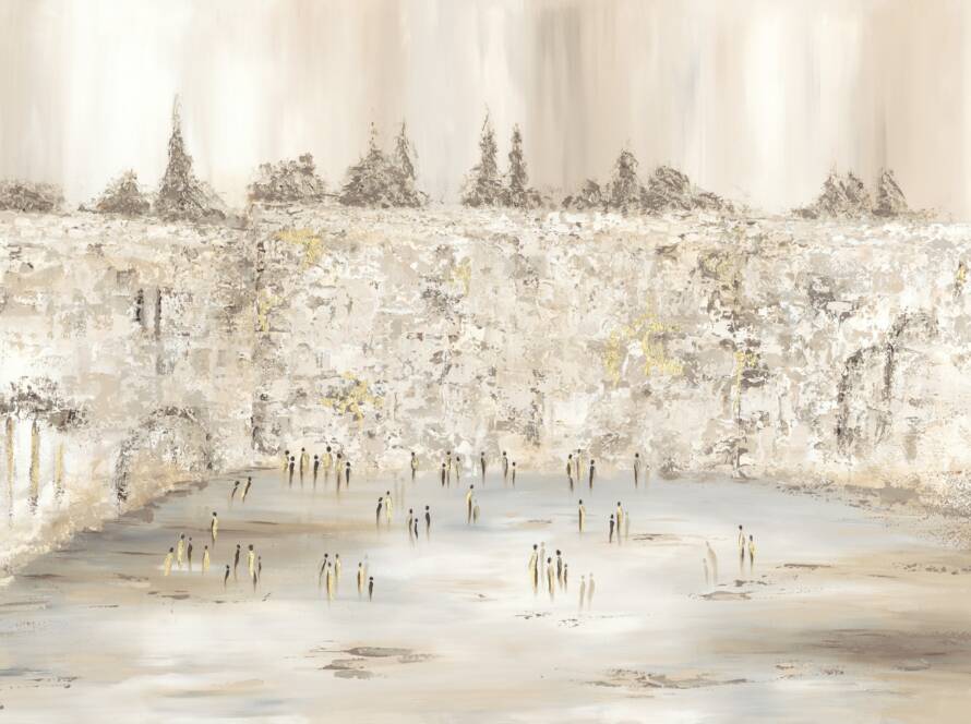 Painting of the Western Wall in Jerusalem with figures gathered at the plaza, in neutral cream and gold tones, by Chaya Koritz