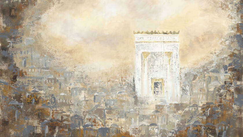 Painting of the Holy Temple rising above the Jerusalem skyline in cream, gold and soft blue tones, by Chaya Koritz